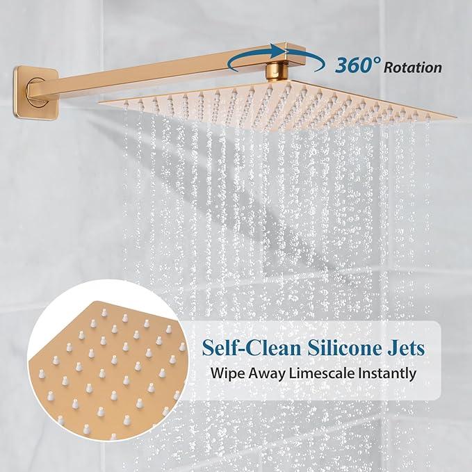 12 inch Square Shower Head and Handheld Set, Gasecoet Shower System with Tub Spout Wall Mounted Shower Faucet for Bathroom - Brushed Gold (With Shower Valve)