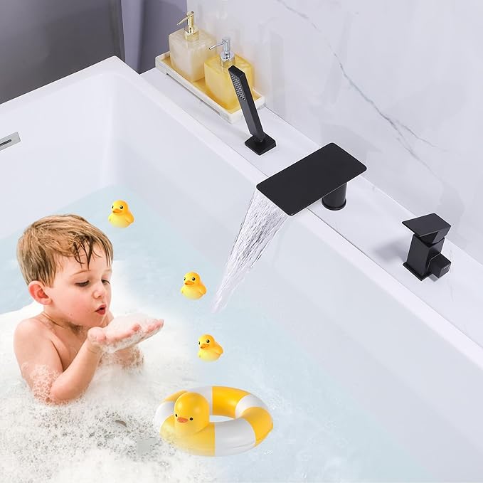 Roman Tub Faucet with Hand Shower, Matte Black Deck Mount Waterfall Tub Faucet High Flow 3 Hole Bathtub Faucets Sets