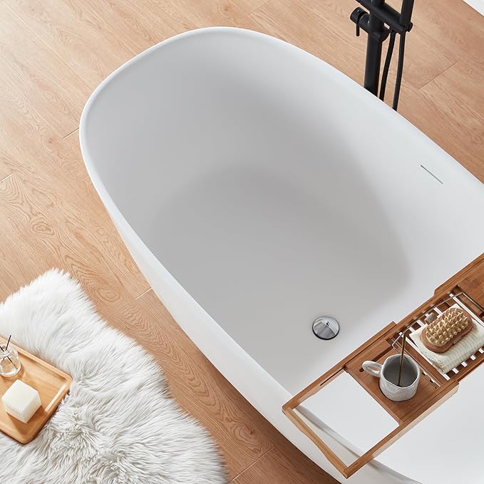 Cpingao 55" Stone Resin Solid Surface Freestanding Bathtub, Modern Elegant Design Soaking Stand Alone Tub, Matte White, Chrome Drain and Overflow Included 8823A-1400