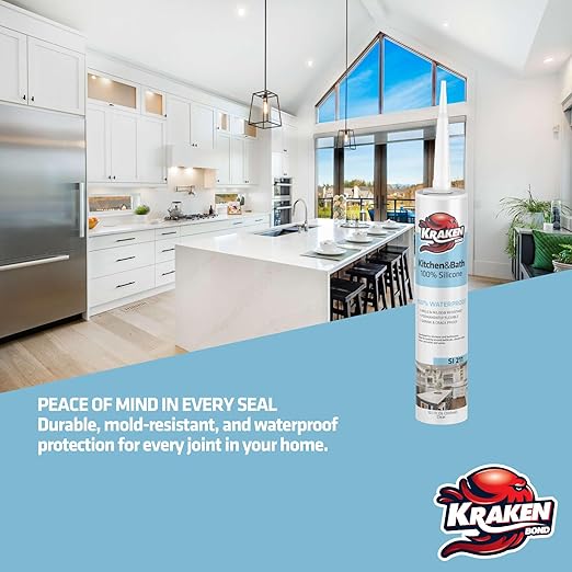 Kraken Bond Premium Kitchen and Bathroom Silicone Caulk White - (24x10.1 fl.oz) RTV White Caulking Silicone Waterproof for Kitchen, Bathroom, Shower, Sink, Anti Shrink 100% Silicone Caulking | 24 Pack