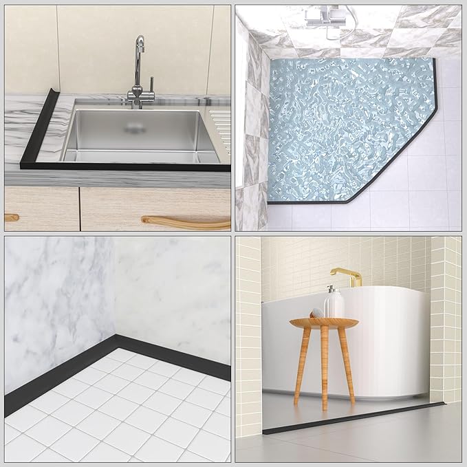 67Inch Collapsible Shower Threshold Water Dam Barrier, Self Adhesive Silicone Waterproof Shower Barrier Water Strip Dam for The Gap Between the Shower Kitchen Countertop Sink and Cooktop