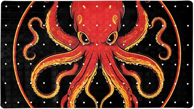 Bathtub Mats for Shower Tub, Anti-Slip Bath Mats for Inside Tub, Bathroom Shower Mats with Drain Holes and Suction Cups (Aesthetic Red and Yellow Octopus Black Background)