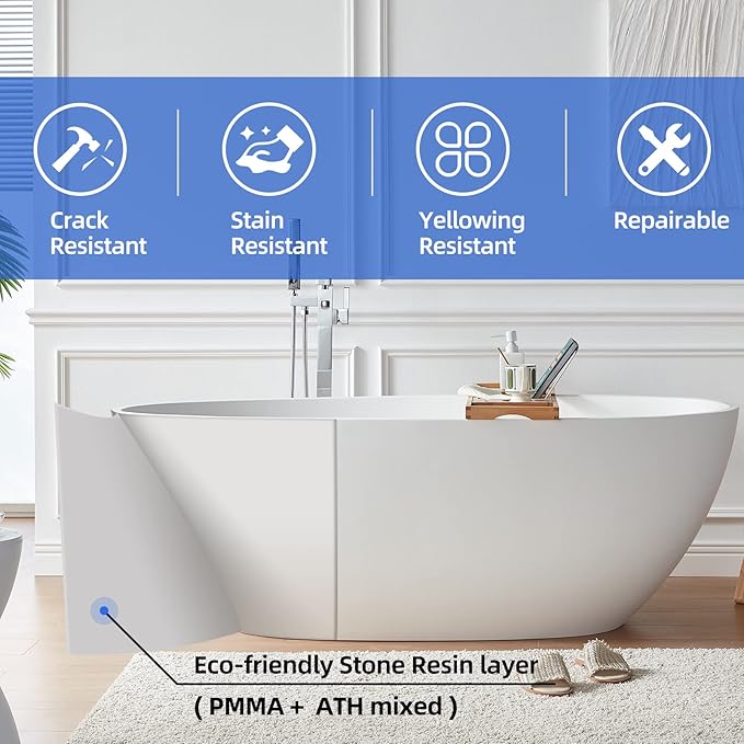 Cpingao 59" Freestanding Bathtub, Oval Shaped Stone Resin Freestanding Tubs, Solid Surface Matte White Soaking Tub with Overflow and Pop-up Drain 8801-1500