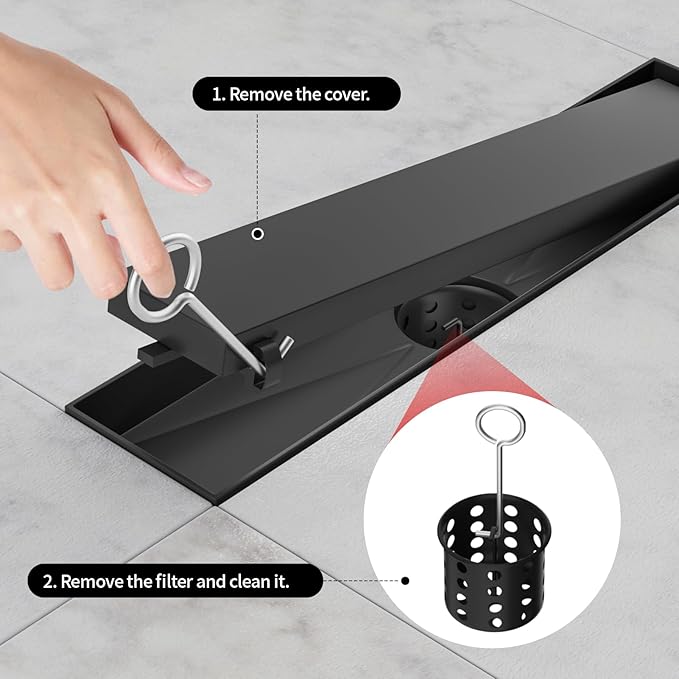 Linear Shower Drain, 304 Stainless Steel with Adjustable Leveling Feet, Hair Strainer,Reversely Install Place to Create an Invisible Floor Drain - Black -32-Inch