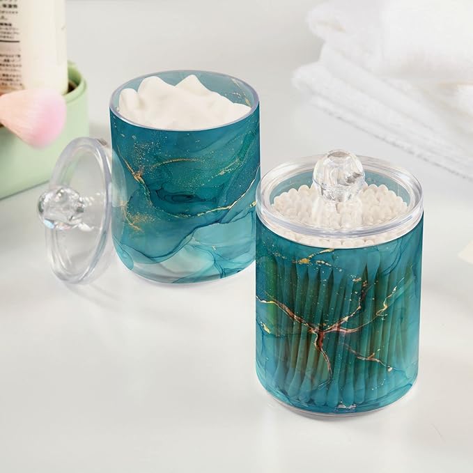 MNSRUU 2 Pack Qtip Holder Organizer Dispenser Blue Marble Abstract Fluid Art Bathroom Storage Canister Cotton Ball Holder Bathroom Containers for Cotton Swabs/Pads/Floss