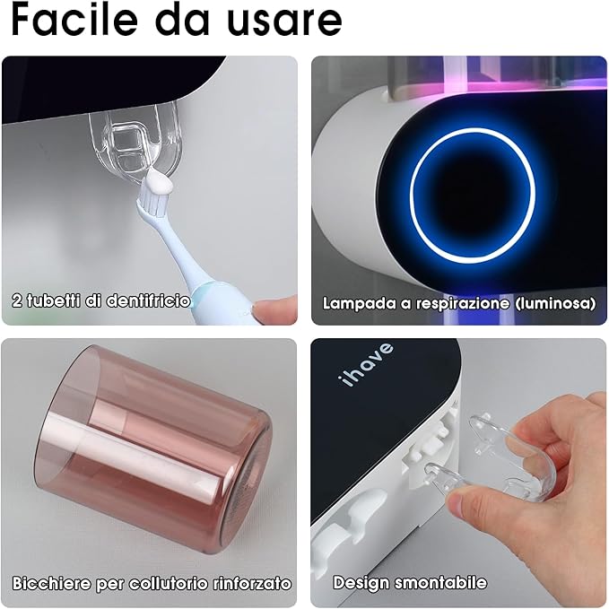 iHave Wall Mounted Electric Toothbrush Holders with 3 Cups, UV Sanitizer, Toothpaste Dispenser, Smart Home Bathroom Accessories & Decor, Black