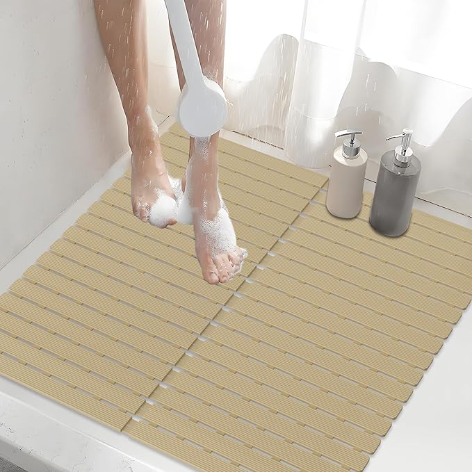 Shower Mat Non-Slip Bath Mat for Tub and Shower Stall,200+ Suction Cups with Drain Holes, Quick Dry Machine Washable, Extra Grip for Elderly and Baby, Bathroom Essentials 24x24 Inch (Brown)