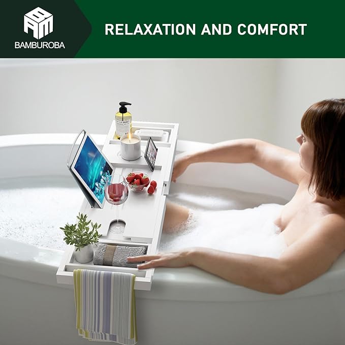 Foldable Bamboo Bathtub Caddy Tray Expandable for Luxury Bath, Bath Accessories & Table with Wine Glass Holder, Book Stand Bathroom Organizer with Extending Sides for Men/Women,White