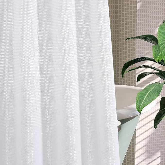 MitoVilla White Waffle Long Shower Curtain Liner Set 72 x 80, No Hooks Needed 80 inch Long Heavyweight Fabric Shower Curtain Set with Snap-in Liner for Hotel Grade Spa-Like Bathroom Decor
