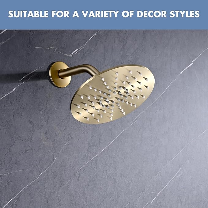Rainfall Shower Head, MEDIOMI Rain Shower Head Set - Ultra-Thin Design High Flow Stainless Steel Large Round Rain Shower Heads with Shower Arm and Flange (8-Inch, Brushed Gold)