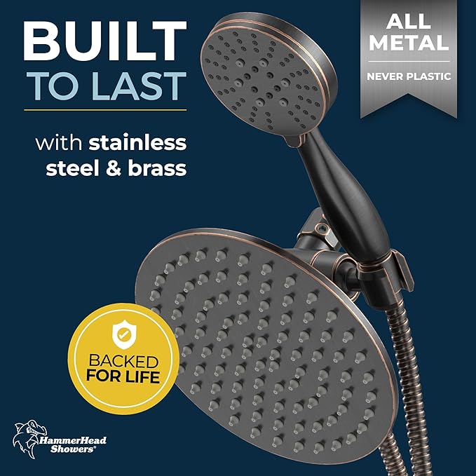 HammerHead Showers Dual Shower Head Combo, 8-Inch Rainfall & 3-Flow Handheld, Oil Rubbed Bronze, 2.5 GPM