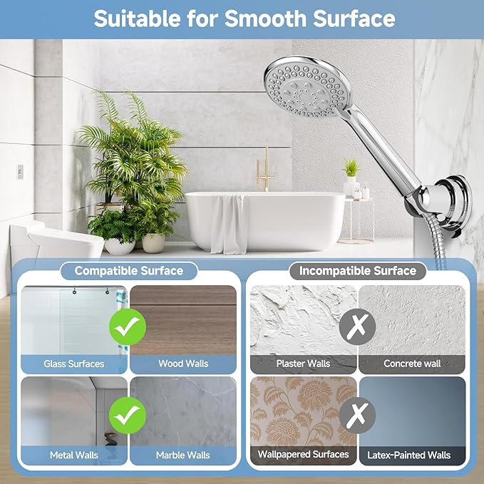 Suction Shower Head Holder，Removable Wall-Mount Handheld Shower Holder, No-Drill Adjustable Chrome Suction Cup 5-Angle Tilt & 360° Swivel