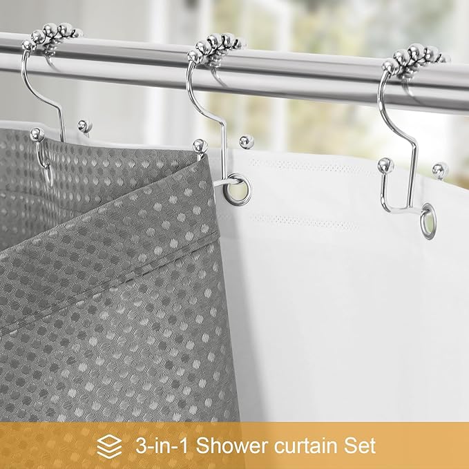 3 in 1 Long Shower Curtain Set-72 W x 78 H, Grey Waffle and PEVA Liner Set with 12 Stainless Steel Hooks, Waterproof Fabric for Bathroom