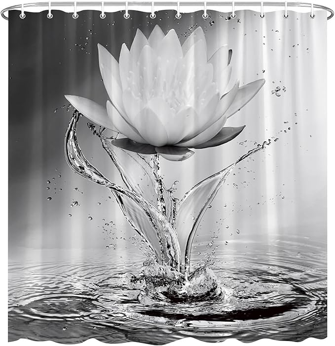 Lotus Shower Curtain Black White Grey Flower Elegant Blooming Floral with Dew Spring Flower Reflection on Water Modern Romantic Polyester Fabric Bathroom Decor 70×78 Inch with Hook