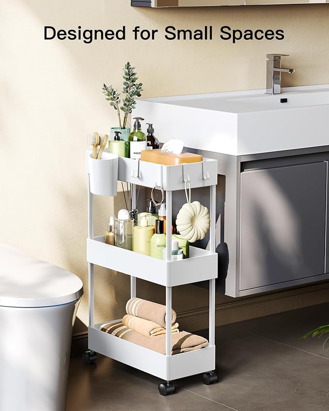 Pipishell Slim Storage Cart with Wheels, Bathroom Cart Organizer Storage Small, Rolling Carts for Bathroom, Laundry Room, Kitchen, Narrow Space, White PIUC04W