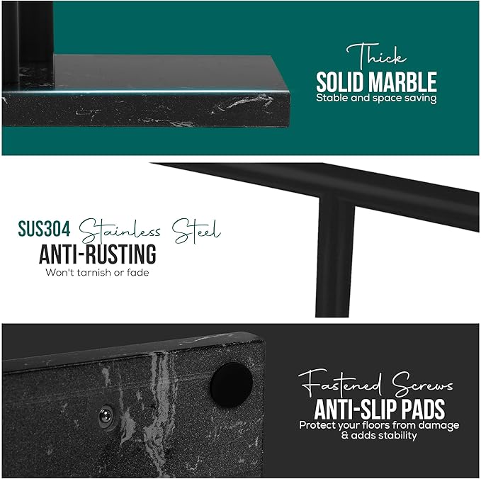 Free Standing Towel Rack for Bathroom - Matte Black Finish - Stand Alone 2 Tier Stainless Steel Towel Rack for Bathroom Floor with Heavy Marble Base - Double T Shape Drying Stand for Towels