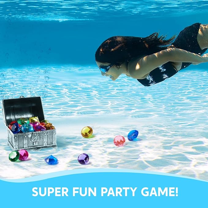 Sloosh Diving Gems Pool Toys,16 Big Colorful Diamond with Pirate Treasure Chest,Swim Dive Toy for Kids Underwater Gemstone Swimming Training Gift Water Toys Pool Games(Silver)
