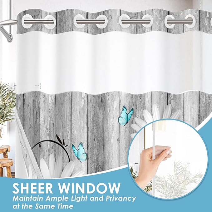 No Hook Flower Daisy Shower Curtain with Snap in Fabric Liner Set, Gray Wooden Boards Double Layers Waterproof Fabric with See Through Top Window Open Grommet Bath Curtain 71x86 Inch