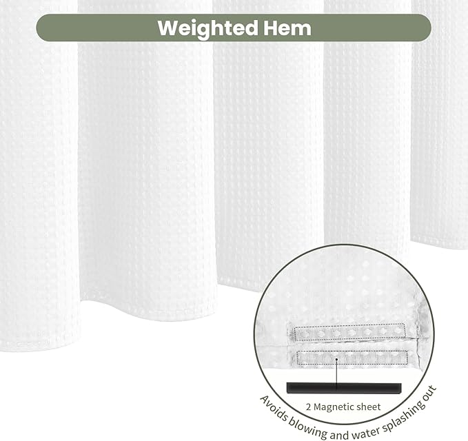 Inhousolu Fabric Shower Curtain Waffle Weave, 230 GSM Heavy Duty, Weighted Hem, 14 Metal Hooks, Water Repellent, Machine Washable, Hotel Spa Luxury Bath Curtain Set, 72 x 72 Inch, White