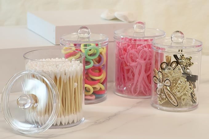 3 Pack Plastic Cotton Swab Ball Pad Holder,Acrylic Qtip Holder,Bathroom Canisters Apothecary Jar Set, 10 oz