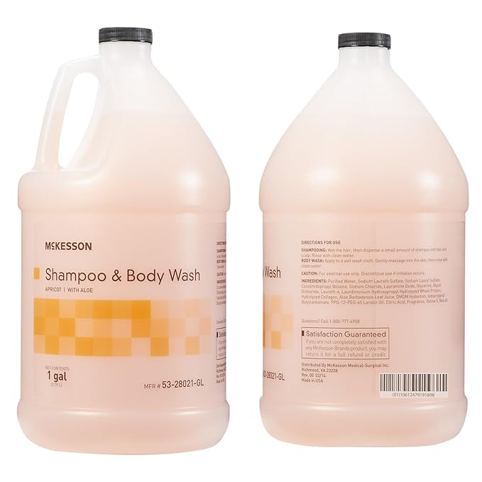 McKesson Body Wash and Shampoo - 1  Gallon Bulk Refill Full Body Wash with Aloe, Apricot Scent - Sensitive Skin & Hair 2‑in‑1