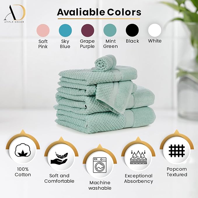 Ample Decor 100% Cotton Hand Towel for Kitchen Set of 8 Mint Green, Absorbent Premium Quality for Bathroom, Hotel, Spa, Gym, Kitchen - 18 X 28 Inch - Mulaayam Collection