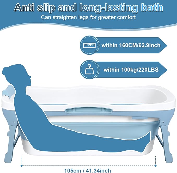 Portable Bathtub Portable Tub for Adults, 56" Foldable Bathtub for Adults Free Standing Tub for Shower, Ice Bath, Sitz Bath, Freestanding Bathtubs with Neck Pillow Blue