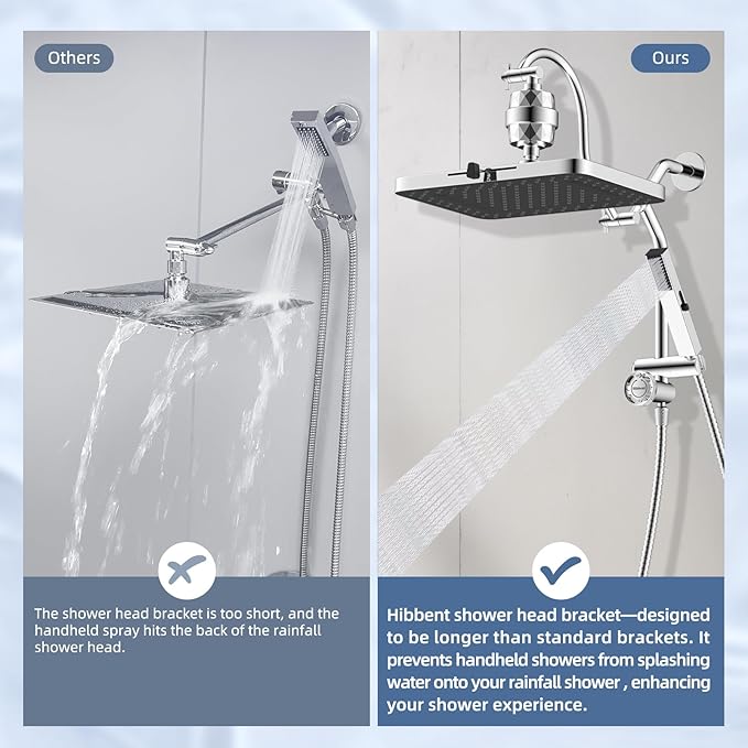 Hibbent 5-spray Filtered Rainfall Shower Head Combo, High Pressure 13'' Showerhead with Stainless Steel 4 Spray Modes Handheld, All Metal 4-way Diverter Arm with Pause Mode, 71'' Hose & Holder, Chrome