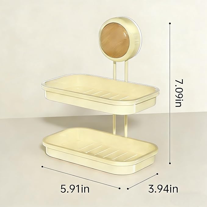 Dual-Suction Soap Dish Holder, Wall-Mounted No Drill Soap Saver with Double Layer Drying Rack, Strong Suction Cups for Bathroom, Shower, Kitchen Sink Countertop Organization