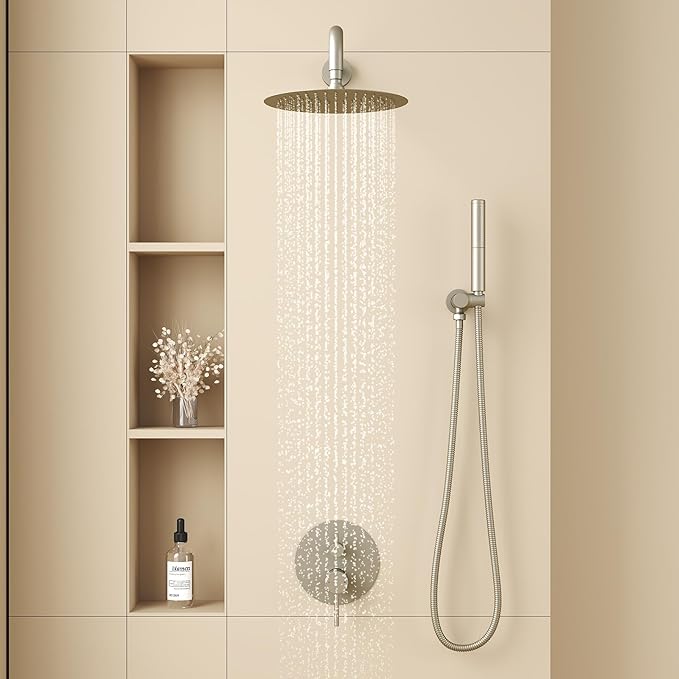 BESy Shower System with 10 Inch Round Rain Shower Head and Handheld Wall Mounted, High Pressure Rainfall Shower Faucet Fixture Combo Set with 2 in 1 Handheld Showerhead for Bathroom, Brushed Nickel