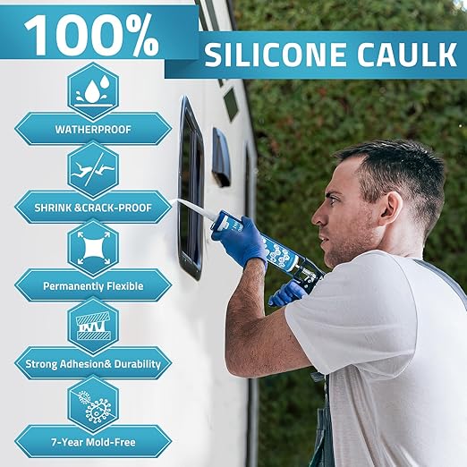 PAULINN Silicone Sealant, 100% Silicone Caulk Clear Waterproof for RV, Kitchen, Bath, General Use, Window, Door, Glass, Marine, 10.2 Oz, 1 Pack