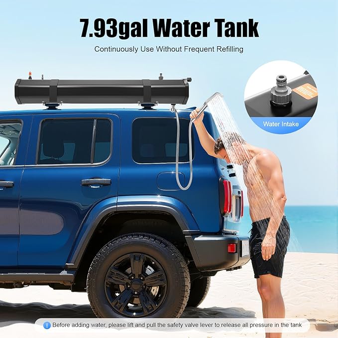 Portable Camping Shower Solar Portable Shower Water Tank for Camping Self-Pressurized Water Tank for SUV Overland Roof Rack 5.58ft Pipe 1.6bar 60℃/140℉ (30L)
