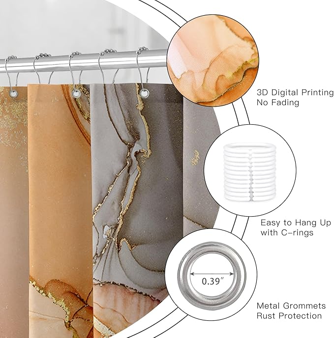 Extra Long Shower Curtain 72 x 96 Inch, Orange Floor to Ceiling X-Long Abstract Marble Shower Curtains for Bathroom, Modern Luxury Art Ink Fabric Shower Curtain Set with Hooks