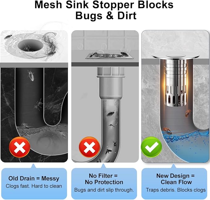 Universal Bathroom Sink Stopper Replacement,Pop Up Sink Drain Strainer Hair Catcher,Silent Copper Popper Core/Cover,Stainless Steel Filter Basket Fit 1.05~2.0'' (Silver Polished, 2 Pack)