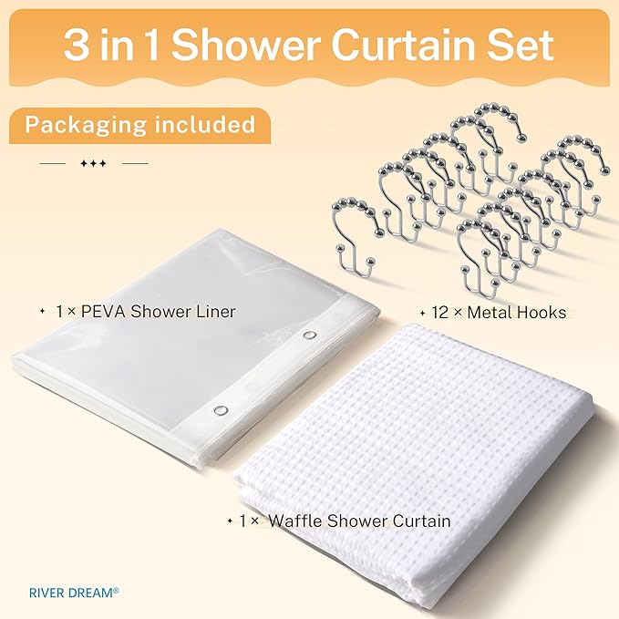 River Dream Stall Waffle 3 in 1 Shower Curtain Set, White Fabric Shower Curtain and Clear Liner Set, with Double Sided Hooks, Waterproof, 36" W*72" H