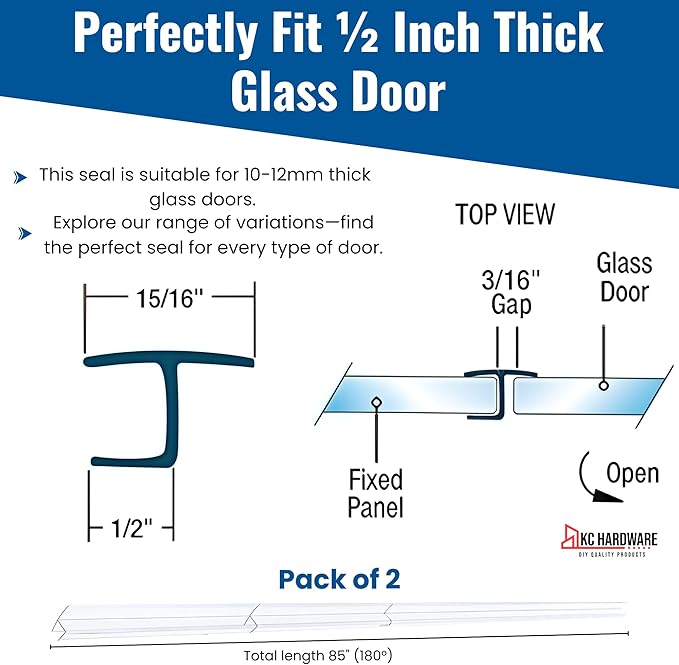 KC Hardware 85 Inch Frameless Shower Door Side Seal Strip, H-Type Glass Shower Door Seal Strip (180 Degree) for 1/2 Inch(10-12mm) Thick Glass, Water Guard That Prevents leaks, Ultra Clear (Pack of 2)