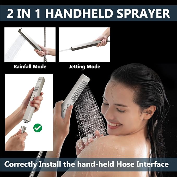 Aolemi Shower Faucet Set Ceiling Mount Shower System Rough-in Valve and Shower Trim Kit 10 and 6 Inch Dual Shower Head 2 in 1 Handheld Spray Push Button Diverter Brushed Nickel