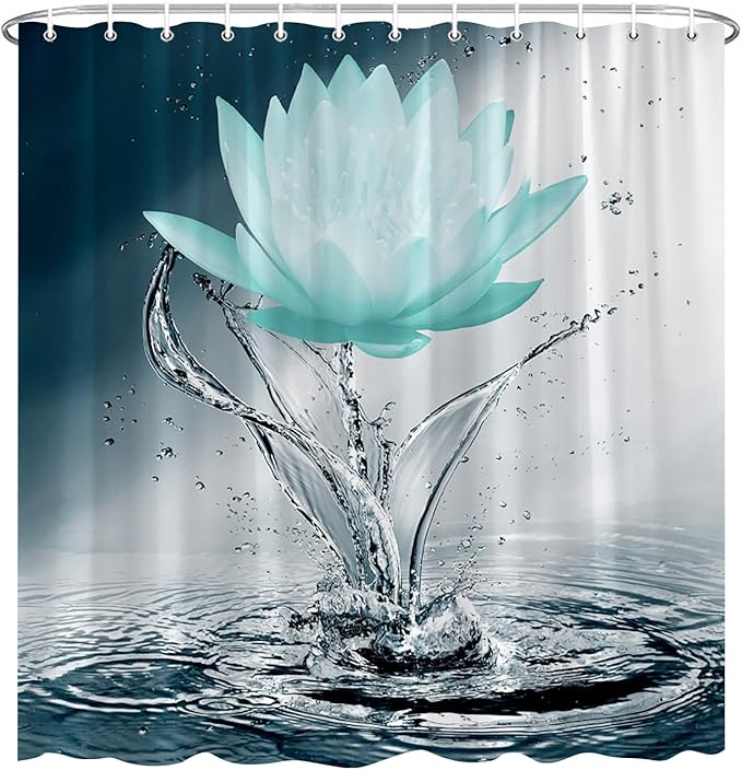 Lotus Shower Curtain Black White Blue Teal Flower Elegant Blooming Floral with Dew Spring Flower Reflection on Water Modern Romantic Polyester Fabric Bathroom Decor 36×70 Inch with Hook