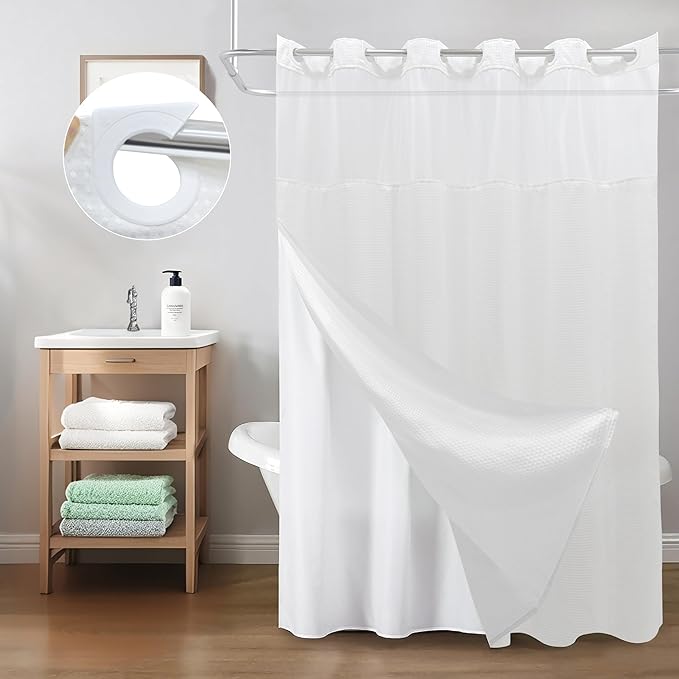 Inhousolu No Hook Shower Curtain with Snap in Fabric Liner Set Waffle Weave 230GSM Weighted Hem, Waterproof & Washable Bathroom Curtain Spa Luxury with Mesh Top Window 72" W x 72" L White