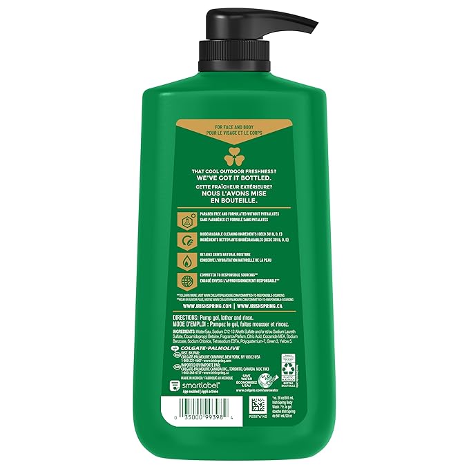 Irish Spring Original Moisturizing Body Wash for Men, 24-Hour Fresh, Face and Body Wash, Biodegradable Ingredients, Paraben Free, Cool Fresh Scent, 30 fl oz Pump Bottle