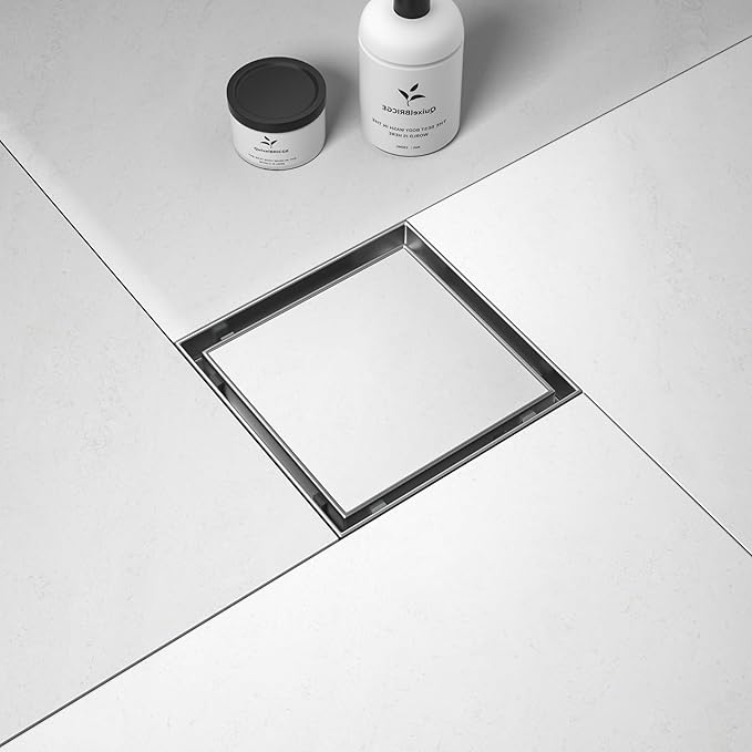 Square Shower Drain 6", Brushed Floor Drain with Tiled Insert Grate & Hair Strainer, 304 Stainless Steel Bathroom 2-in-1 Tiled in Drain, CUPC Certified (Brushed, 6'')