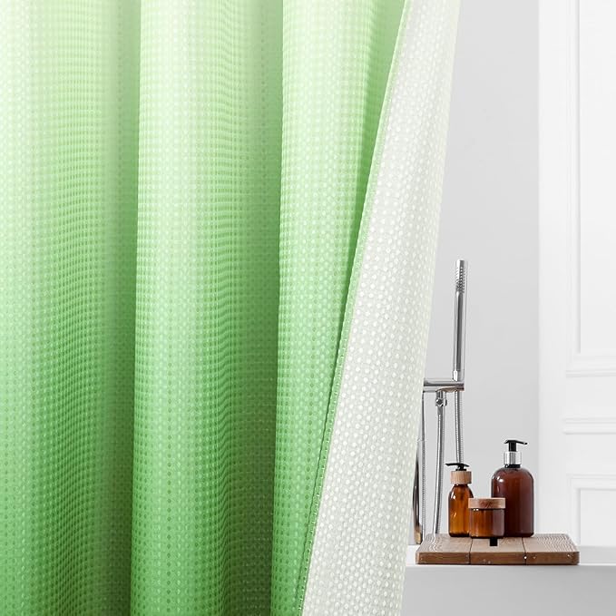 MitoVilla No Hooks Needed Extra Long Shower Curtain Liner Set, 86 inch XL Emerald Green Ombre Heavyweight Waffle Fabric Cloth Shower Curtains with Snap-in Liner for Modern Luxury Hotel & Spa Bathroom
