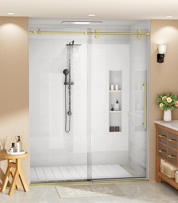 Bathbliss Glass Shower Door 44"-48" Wx60 H,Frameless Sliding Glass Door with 5/16"(8mm) Tempered Glass Shower with Brushed Gold Finish