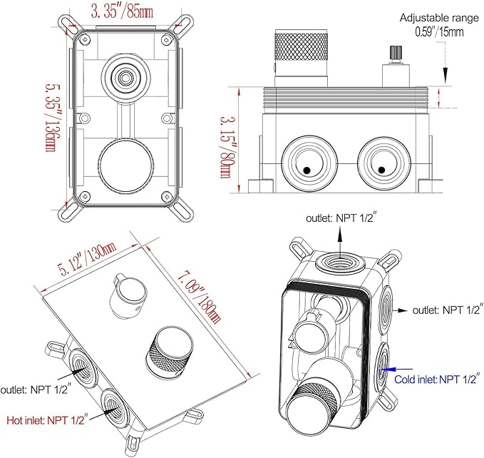 Digital Shower Valve 3 Way Diverter Temperature Display Shower Mixer 3-Function Brass Rough-in and Rectangle Black Trim Kit