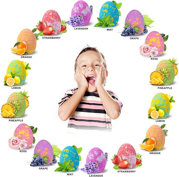 Dinosaur Bath Bombs Gift Set,16 Pack Organic Bath Bomb for Kids with Toys Surprise Inside. Natural Dino Egg Bathbombs Kit for Christmas or Birthday Gift for Girls and Boys