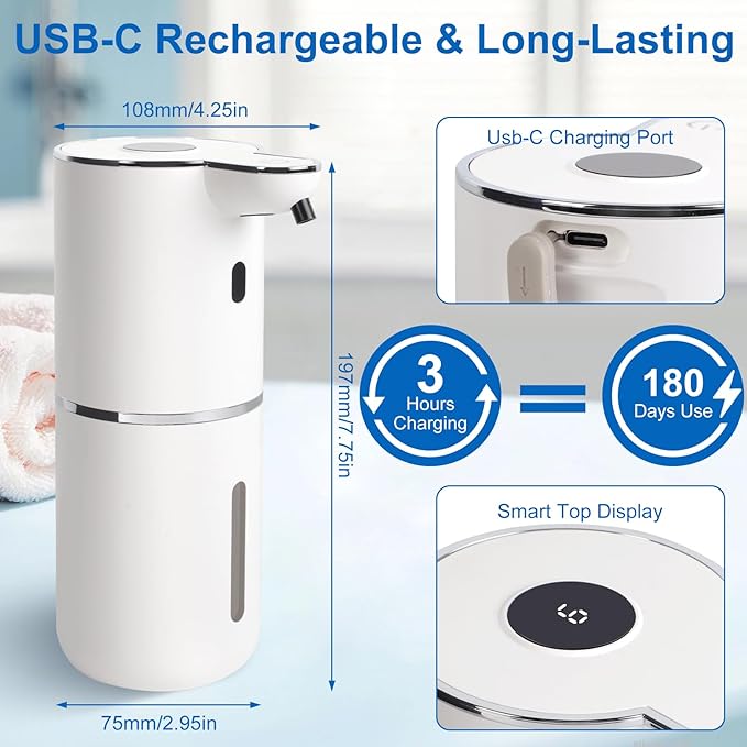 Automatic Soap Dispenser, Hand Soap Dispenser 12.8oz/380ml Smart Rechargeable, Liquid Touchless Soap Dispensers with 6-Level, Wall Mounted or Countertop Dish Soap Dispensing for Bathroom & Kitchen