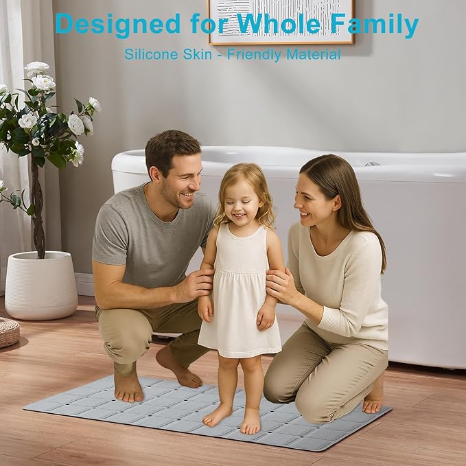 Non-Slip Bath Mat for Tub & Shower：Silicone Foldable Bathtub Mat with Strong Suction Cups, Quick Drain Holes, Machine Washable Extra Large Bathroom Mats 35.8" x 17.7", Grey