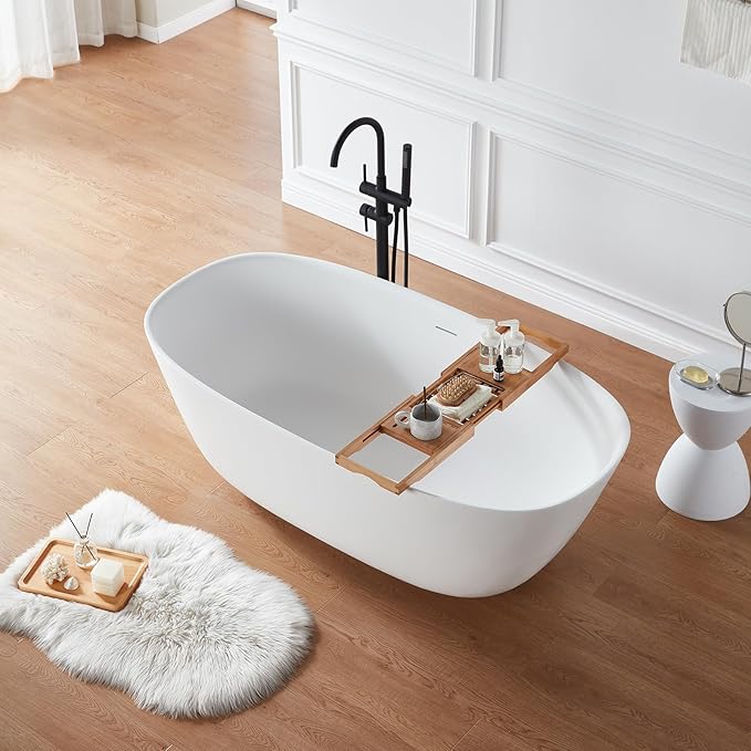 Cpingao 66.9"Lx33.5"Wx22"T Stone Resin Solid Surface Freestanding Bathtub, Modern Elegant Design Soaking Stand Alone Tub, Matte White, Nickel Drain and Overflow Included 8823A
