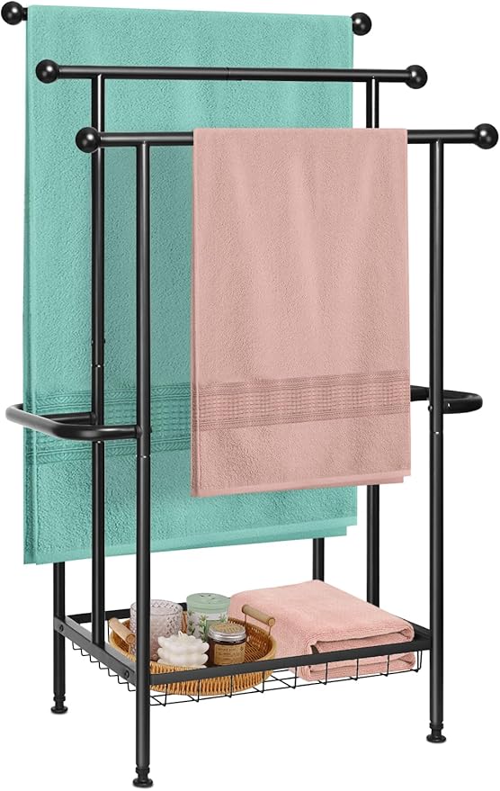 Freestanding Towel Rack, 3-Tier Heavy-Duty Metal Stand with Storage Baskets & Side Bars, Pool Towel and Blanket Holder, Indoor/Outdoor Drying Rack for Bathroom or Bedroom Towel Storage Accessories