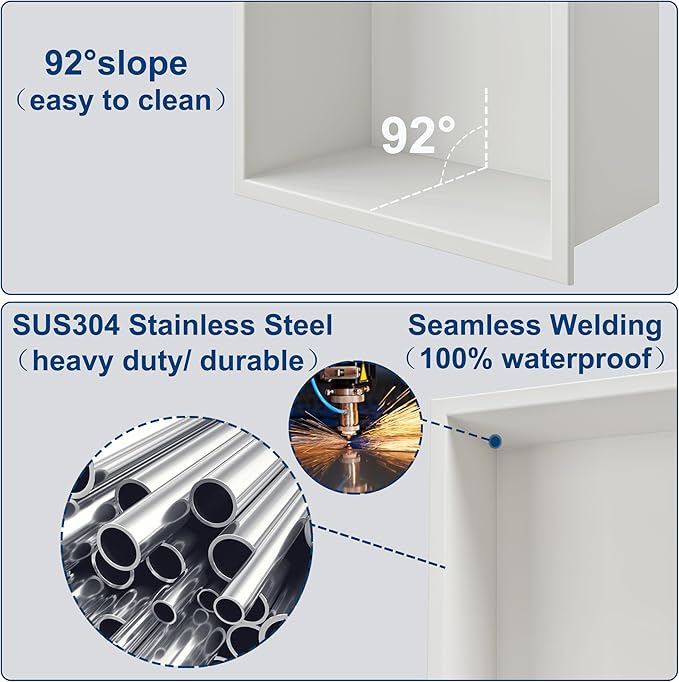 Neodrain 12X30 in Shower Niche, 3 Layers White Wall Niche Tile Ready NO Tile Needed Stainless Steel Recessed Niches for Shower Wall Bathroom Storage